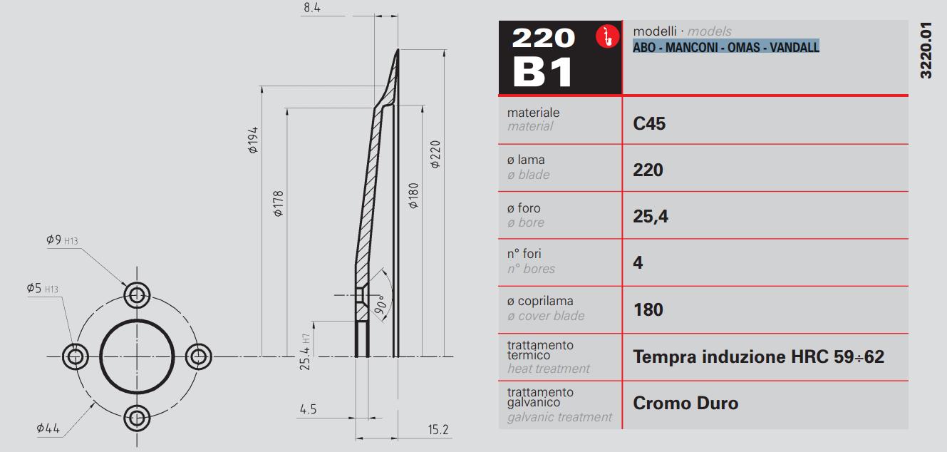 Cuchilla Circular 220mm - Diametro Interno 25.4 -4 Agujeros -Cubierta 180mm C45