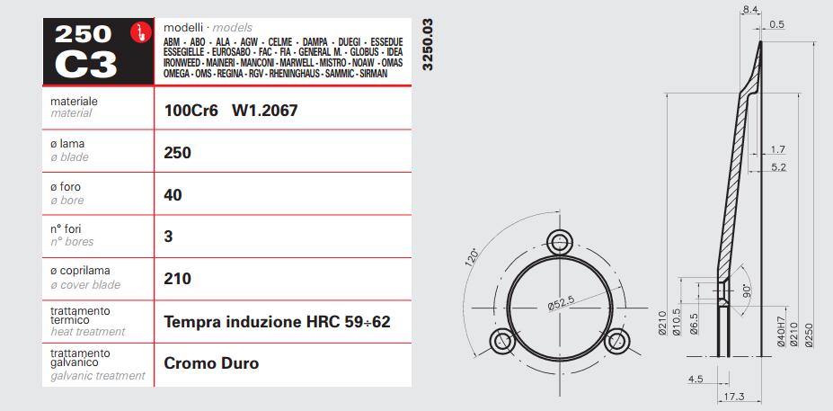 Cuchilla Circular 250mm - Diametro Interno 40 - 3 Agujeros -Cubierta 210mm 100Cr6
