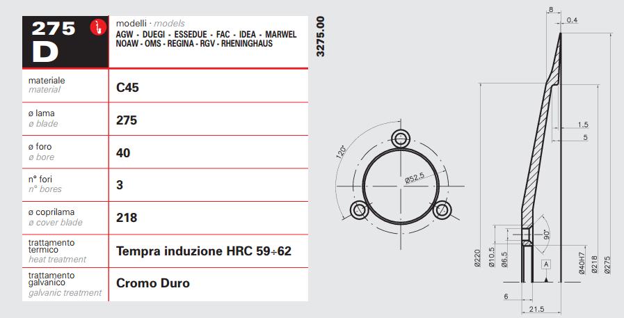 Cuchilla Circular 275mm - Diametro Interno 40 - 3 Agujeros -Cubierta 218mm C45